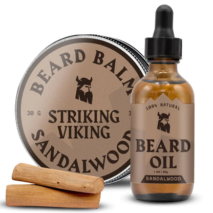 Striking Viking Beard Oil and Balm - Mens Beard Grooming Kit with All-Natural Beard Oil and Leave in Beard Balm Conditioner - Enriched with Argan and Jojoba Oil Sandalwood